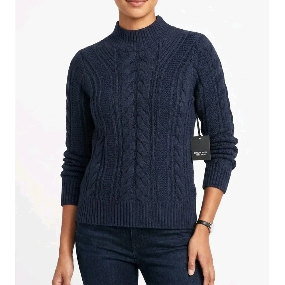 simply vera vera wang women's blue kable knit mock neck pullover sweater size XS